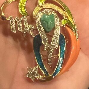Vintage DeNicola Zodiac Virgo Brooch Lucite Enamel Rhinestones Gold Tone